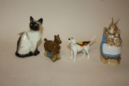 A BESWICK SEAL POINT CAT FIGURE, FOX HOUND AND A WADE FIGURE OF A HORSE AND A BORDER FINE ARTS