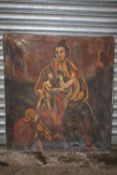 A 20TH CENTURY OIL ON CANVAS DEPICTING A WOMAN AND CHILDREN A/F - SIZE - 81CM X 90CM