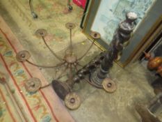 A PAIR OF VINTAGE LARGE OAK BARLEYTWIST CANDLESTICKS H-57 CM AND A IRON LIGHT FITTING (2)