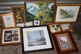 A COLLECTION OF PICTURES AND PRINTS TO INCLUDE OILS ON BOARD DEPICTING MOUNTAINOUS SCENES, FRAMED