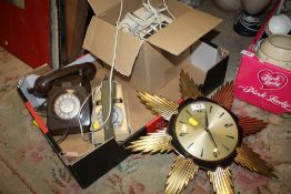 A RETRO TIMEMASTER WALL CLOCK TOGETHER WITH THREE VINTAGE TELEPHONES