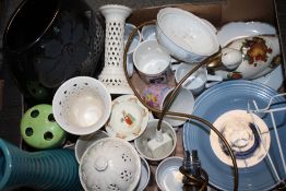 TWO TRAYS OF ASSORTED CERAMICS TO INCLUDE A WEST GERMAN VASE, LEATHER COATED LAMP ETC.