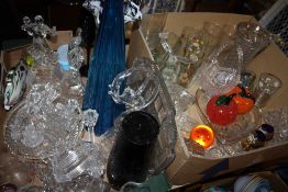TWO BOXES OF ASSORTED GLASSWARE TO INCLUDE R.C.R. CRYSTAL FIGURES, END OF DAY GLASS FISH ETC.