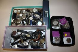 THREE BOXES OF ASSORTED WRISTWATCHES AND COMMEMORATIVE COINS ETC.