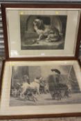 TWO LARGE OAK FRAMED AND GLAZED ENGRAVINGS DEPICTING DOGS ENTITLED 'HOME SWEET HOME', 'A STUMP