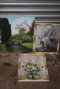 AN UNFRAMED OIL ON BOARD DEPICTING A COUNTRY STREAM TOGETHER WITH A PAIR OF FLORAL VERNAN WARD