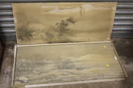 A PAIR OF ANTIQUE ORIENTAL WATERCOLOURS ON SILK DEPICTING LANDSCAPES A/F