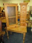 A VINTAGE PINE SIDE TABLE ON TURNED LEGS TOGETHER WITH A GLAZED CABINET AND A TALL CHEST (3)