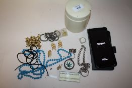 A JAR OF COSTUME JEWELLERY, TOGETHER WITH AN ACATEL MOBILE PHONE