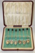 A CASED SET OF SIX HALLMARKED SILVER COFFEE BEAN SPOONS