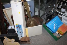 A QUANTITY OF ASSORTED ITEMS TO INCLUDE A TRIPOD, DRESSING TABLE MIRROR, BELLOWS ETC.