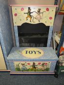 A MODERN PAINTED CHILDS OPEN BOOKCASE H-124 W-81 CM AND A TOY BOX (2)