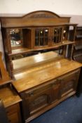 AN ANTIQUE OAK MIRRORBACK AND GLAZED SIDEBOARD H-200 W-152 CM
