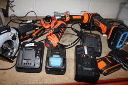 A WORX CIRCULAR SAW, VON HAUS ANGLE GRINDER, TWIST-A-SAW, TWO BATTERY CHARGERS PLUS TWO BATTERIES (