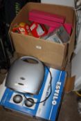 A BOX OF HOUSEHOLD ELECTRICALS TO INCLUDE A FAN HEATER, HAIR STRAITENERS, CHOCOLAT FOUNTAIN ETC