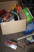 A BOX AND A TRAY OF TOOLS AND PARTS ETC