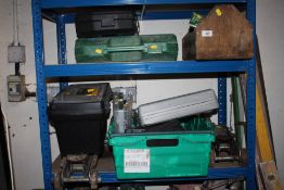 A CASED WORX SONICRAFTER, BOSCH JIGSAW, TROLLEY JACKS A/F, SCREWDRIVERS, TRAY OF SCREWS, TOOLBOX