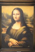 A FRAMED MODERN OIL ON CANVAS DEPICTING THE MONA LISA PAINTING INDISTINCTLY SIGNED LOWER RIGHT