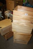 SIX PINE STORAGE BOXES TO INCLUDE WHEELED EXAMPLES