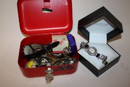 A TIN OF COSTUME JEWELLERY AND WATCHES TO INCLUDE RAILWAY TIME POCKET WATCH A/F, RINGS ETC.