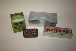 A BOX OF COLLECTABLES TO INCLUDE BOXED VINTAGE 'JELLETTE' MOULDS WOODBINES DOMINOES, PLAYERS NAVY