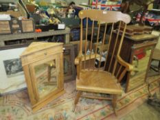A MODERN ROCKING CHAIR WITH A SMALL PINE CORNER CABINET (2)