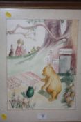 A FRAMED WATERCOLOUR OF A WINNIE THE POOH SCENE - SIZE - 38CM X 29CM