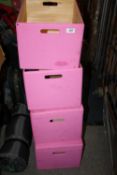 FOUR PINK PAINTED PINE STORAGE BOXES TO INCLUDE LIDDED EXAMPLES