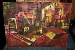AN UNFRAMED OIL ON PAPER LAID ON BOARD OF AN ABSTRACT TOWN SCENE SIGNED PAMELA ABEL SMITH - SIZE -