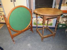 A VINTAGE OAK BAIZED CARD TABLE TOGETHER WITH AN OAK BARLEYTWIST OCCASIONAL TABLE (2)