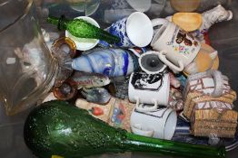 A LARGE BOX OF CERAMICS AND GLASSWARE TO INCLUDE END OF DAY STUDIO GLASS FISH, NOVELTY TEA POTS ETC