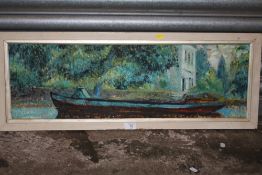A FRAMED OIL ON BOARD DEPICTING A BARGE ON A CANAL BY P R TUCKER - SIZE - 83CM X 27CM