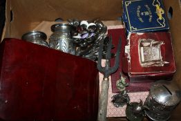 A BOX OF METALWARE TO INCLUDE PEWTER FIGURES, CUTLERY ETC.