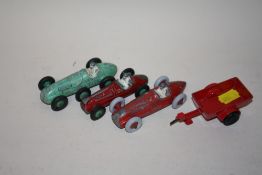 THREE VINTAGE DIE CAST TOY CARS CONSISTING OF MECCANO COOPER BRISTOL, DINKY ALPH ROMEO AND DINKY HWM