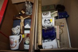 A BOX OF ECCLESIASTICAL COLLECTABLES TO INCLUDE A CRUCIFIX TOGETHER WITH A BOX OF COMMEMORATIVE