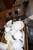 A TRAY OF MOSTLY PLAIN WHITE TEAPOTS TOGETHER WITH A TRAY OF GLASSWARE AND A SMALL TRAY OF METALWARE