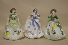 THREE ROYAL WORCESTER LADY FIGURES SWEET PRIMROSE, SWEET FORGET-ME-NOT AND SWEET HOLLY