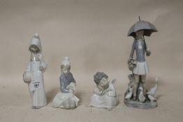 FOUR LLADRO FIGURES TO INCLUDE A GIRL WITH A PARASOL A/F