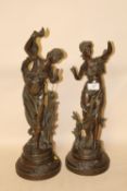 A PAIR OF LARGE SPELTER STYLE FIGURES OF AURORA AND PRINTEMPS, STAMPED P & J SAMUEL, H 50 CM, S/D