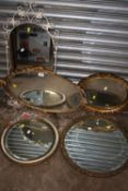 A COLLECTION OF MIRRORS TO INCLUDE CIRCULAR AND OVAL GILT FRAMED EXAMPLES (5)