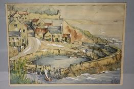 A FRAMED AND GLAZED WATERCOLOUR DEPICTING CRAIL HARBOUR, FIFE, SCOTLAND SIGNED R. CAY - SIZE 36.