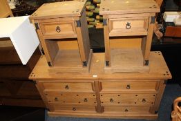 A COLONIAL STYLE SIX DRAWER CHEST H-74 W-140 CM WITH A PAIR OF BEDSIDE CABINETS AND A DOUBLE BED