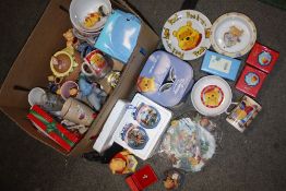 BOX OF WINNIE THE POOH COLLECTABLES TO INCLUDE HEIRLOOM PORCELAIN, CHRISTMAS DECORATIONS ETC.