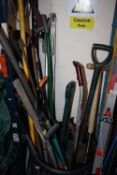 A BIN OF GARDEN TOOLS ETC