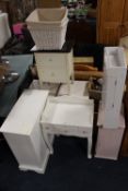 A COLLECTION OF ASSORTED WHITE FURNITURE TO INCLUDE 3 BEDSIDE CABINETS, CHILDS DESK ETC (8)