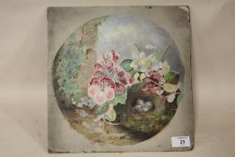 AN UNFRAMED CIRCULAR MIXED MEDIA ON BOARD DEPICTING A STILL LIFE SCENE WITH FLOWERS AND A BIRDS NEST