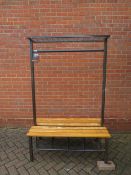 A VINTAGE RETRO OLD SCHOOL STYLE METAL AND WOODEN BENCH / COAT RACK WITH SHELF ABOVE AND BASKETS