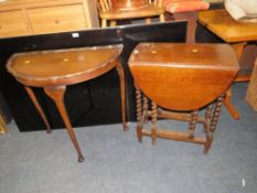 AN OAK SMALL BARLEYTWIST GATELEG TABLE AND A DEMI-LUNE TABLE (2)