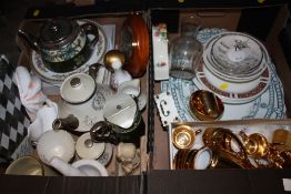 TWO TRAYS OF ASSORTED CERAMICS TO INCLUDE A GILDED COFFEE SET, MEAT PLATES ETC.