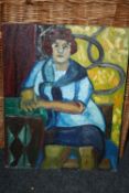 AN UNFRAMED IMPRESSIONIST OIL ON BOARD DEPICTING A SEATED LADY - SIZE 40.5CM X 51CM